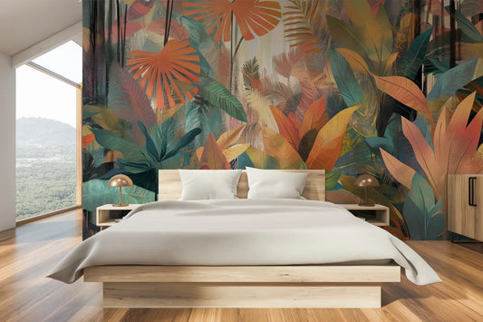 Wzór fototapety TROPICAL SUNBURST - tapeta z egzotycznymi liśćmi w ciepłych barwach pokazanej w aranżacji sypialni.