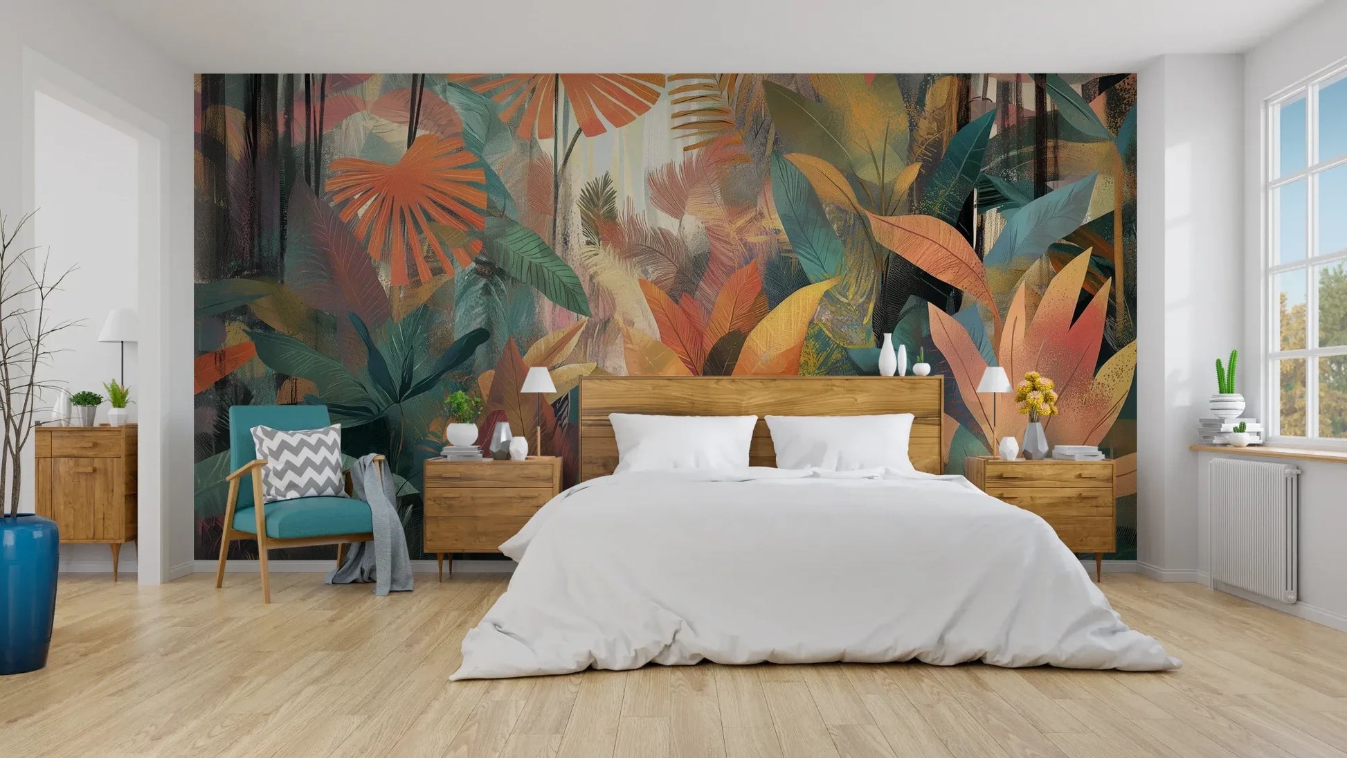 Wzór fototapety TROPICAL SUNBURST - tapeta z egzotycznymi liśćmi w ciepłych barwach pokazanej w aranżacji sypialni.