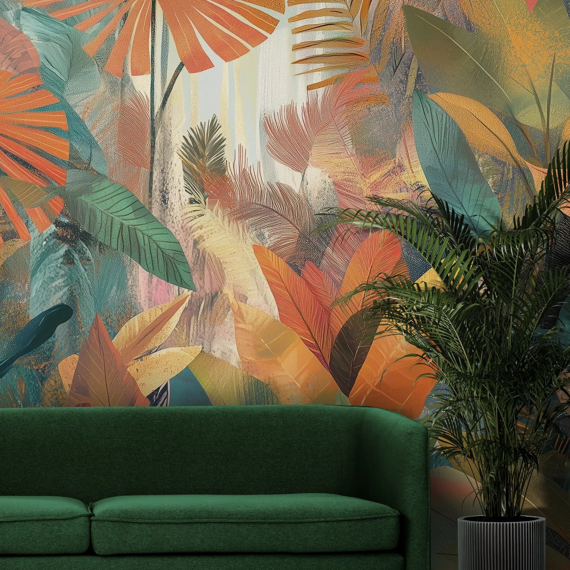 Fototapeta TROPICAL SUNBURST - tapeta z egzotycznymi liśćmi w ciepłych barwach pokazana w aranżacji wnętrza z akcentem na ścianie.