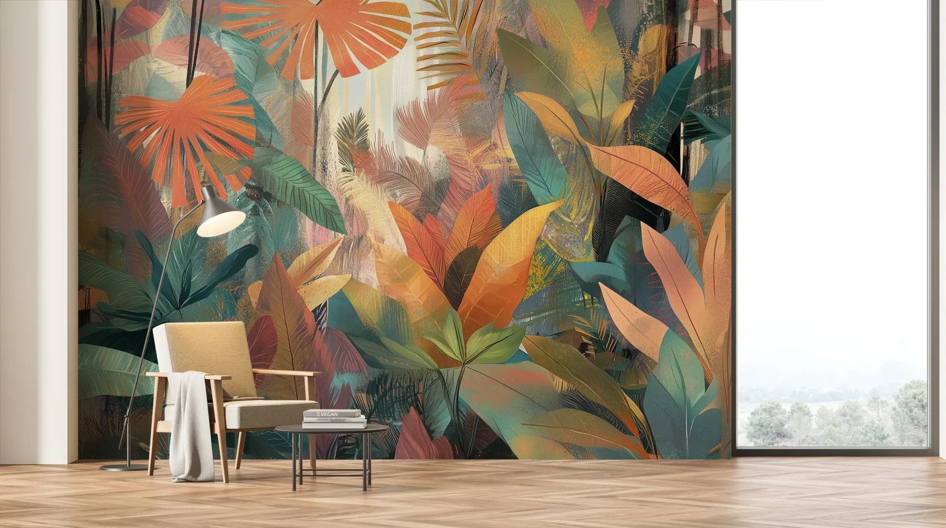 Wzór fototapety TROPICAL SUNBURST - tapeta z egzotycznymi liśćmi w ciepłych barwach pokazanej w aranżacji salonu.