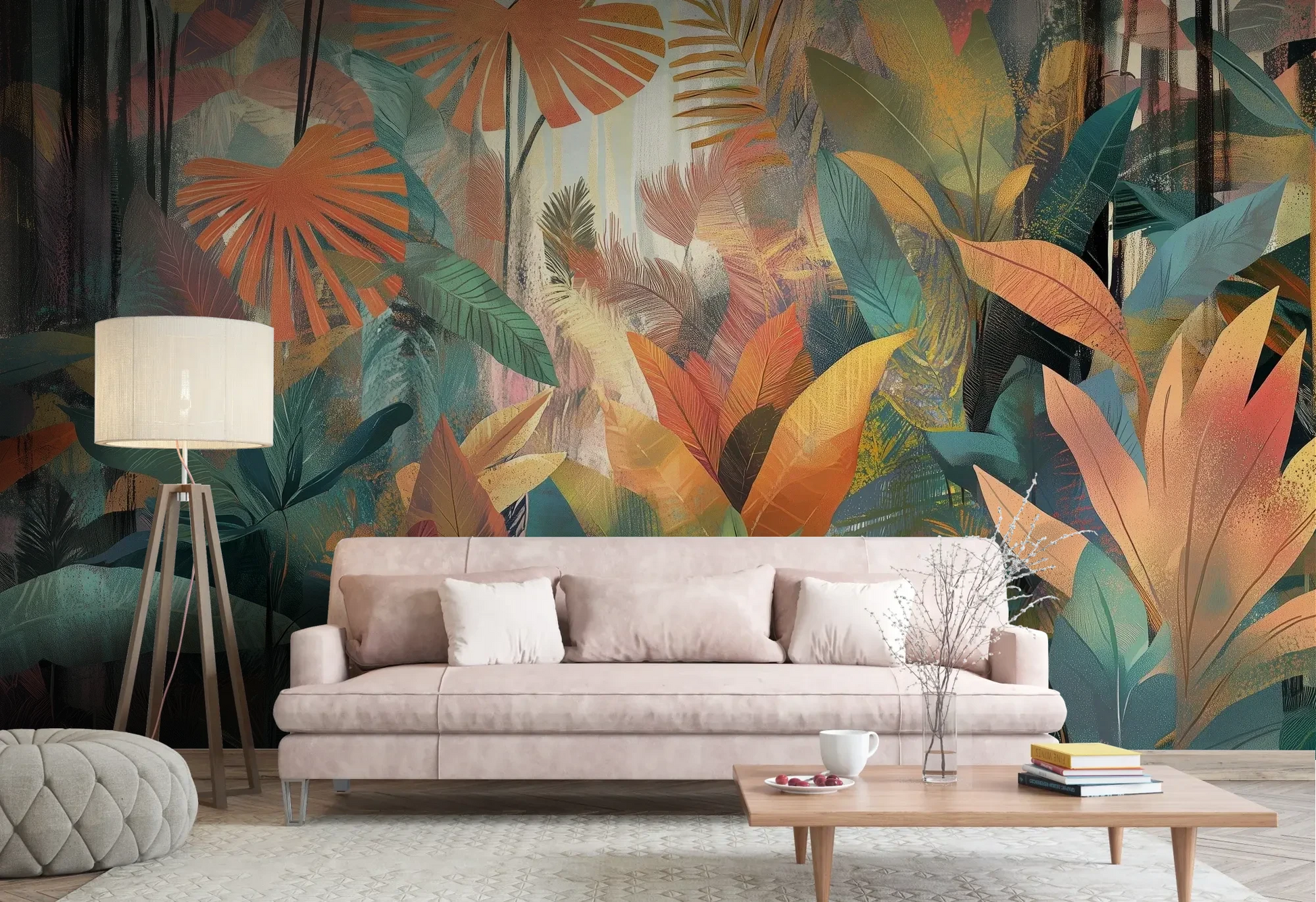 Wzór fototapety TROPICAL SUNBURST - tapeta z egzotycznymi liśćmi w ciepłych barwach pokazanej w aranżacji salonu.