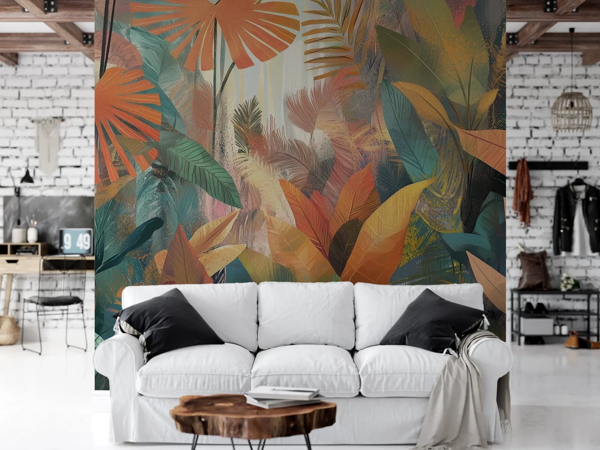 Wzór fototapety TROPICAL SUNBURST - tapeta z egzotycznymi liśćmi w ciepłych barwach pokazanej w aranżacji salonu.