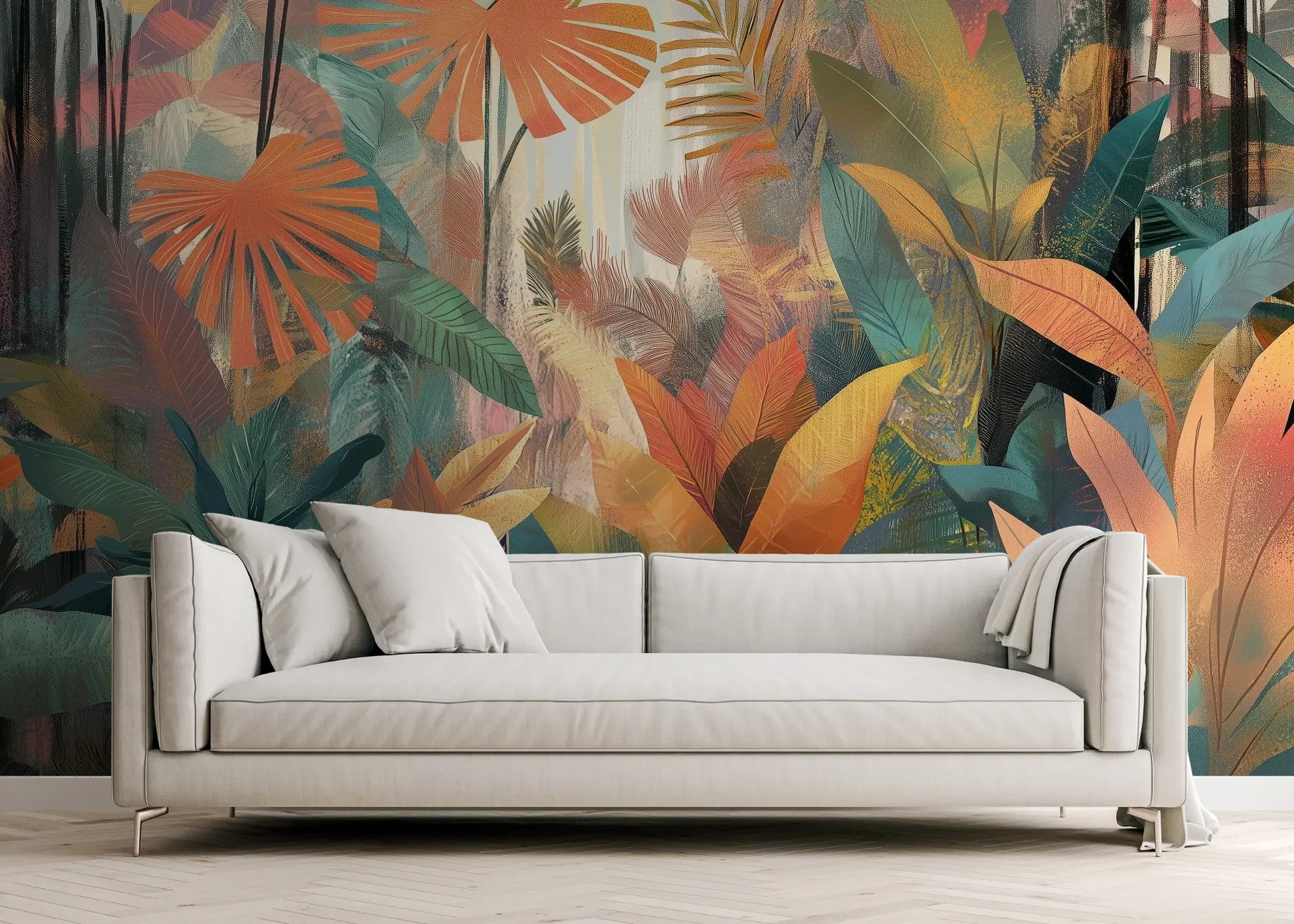 Wzór fototapety TROPICAL SUNBURST - tapeta z egzotycznymi liśćmi w ciepłych barwach pokazanej w aranżacji salonu.
