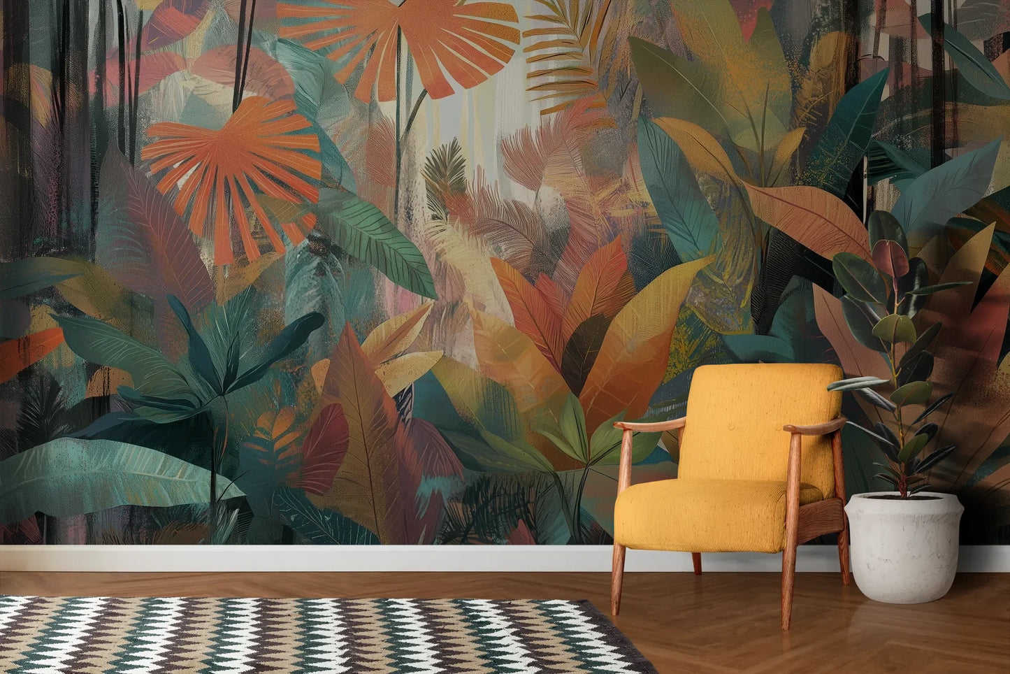 Wzór fototapety TROPICAL SUNBURST - tapeta z egzotycznymi liśćmi w ciepłych barwach pokazanej w aranżacji salonu.