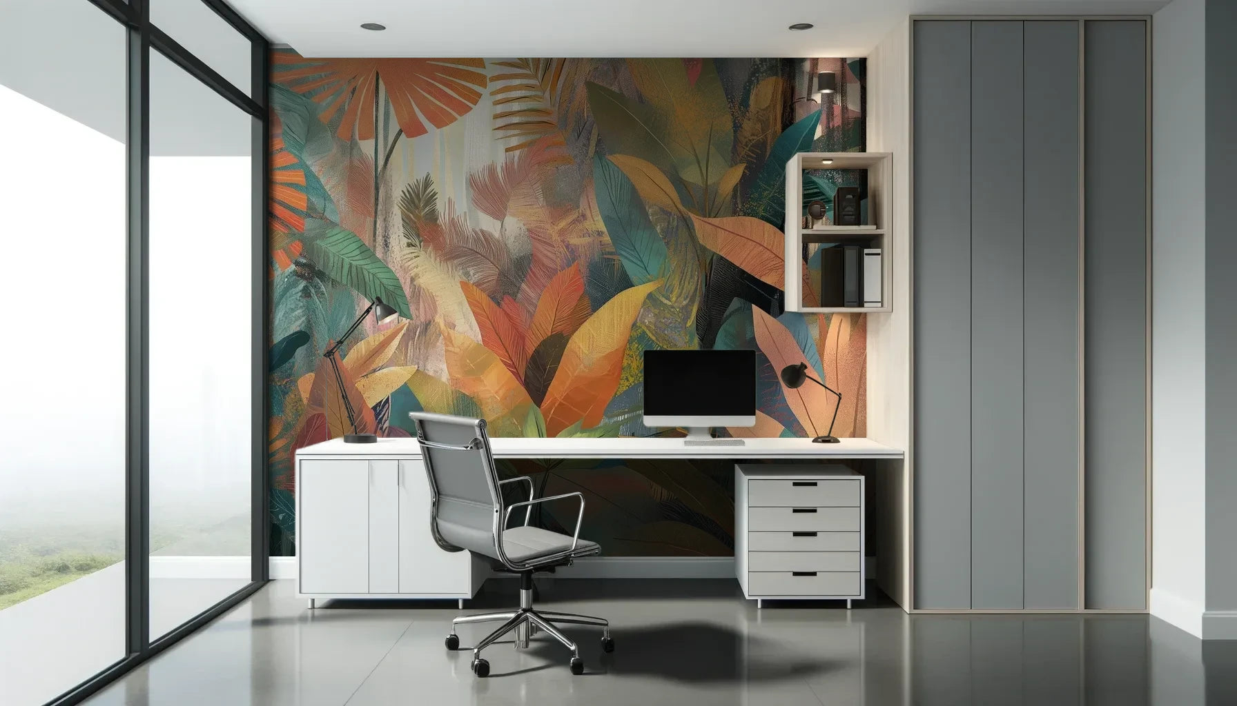Fototapeta TROPICAL SUNBURST - tapeta z egzotycznymi liśćmi w ciepłych barwach pokazana w aranżacji biura.