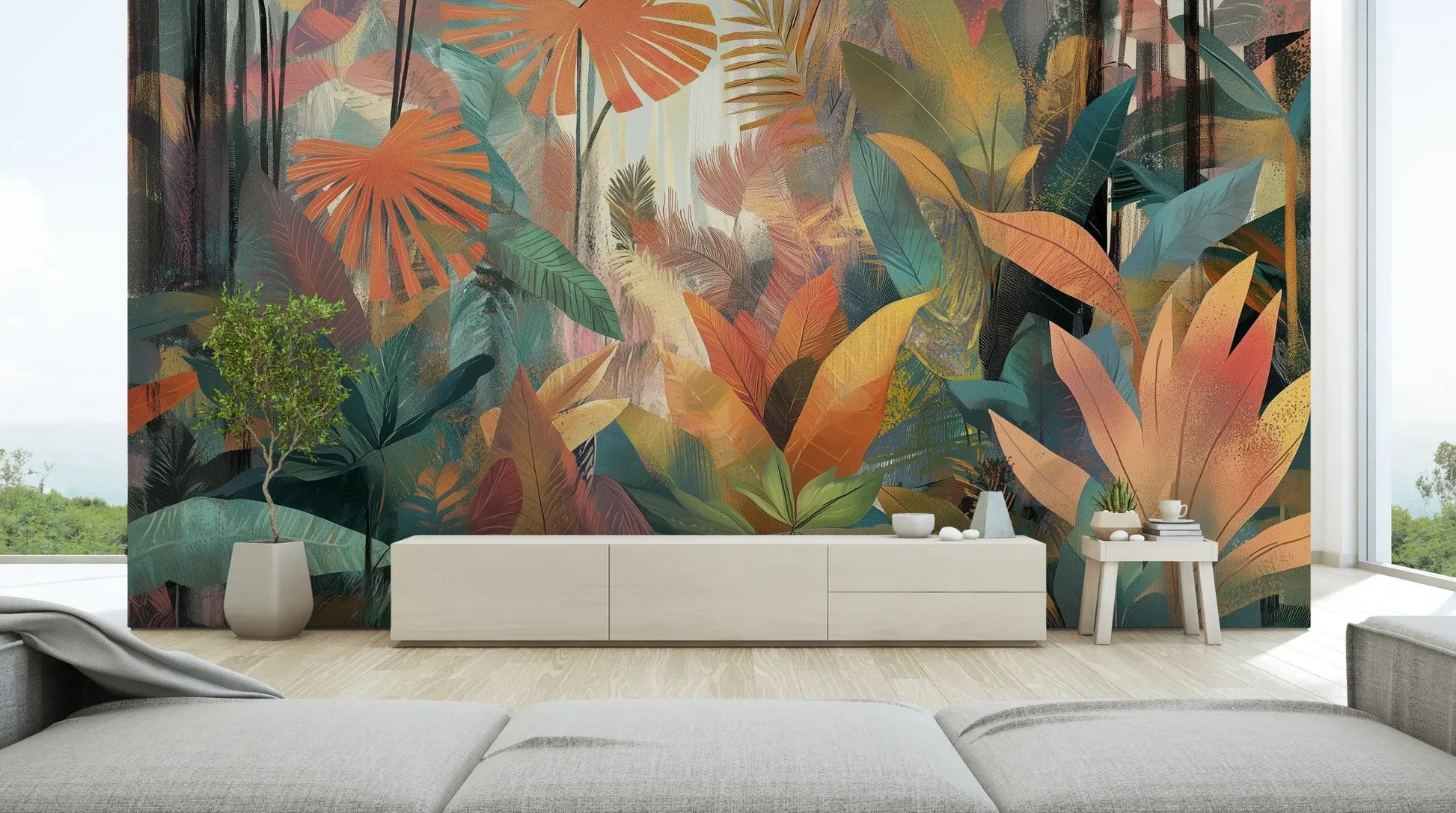 Wzór fototapety TROPICAL SUNBURST - tapeta z egzotycznymi liśćmi w ciepłych barwach pokazanej w aranżacji salonu.