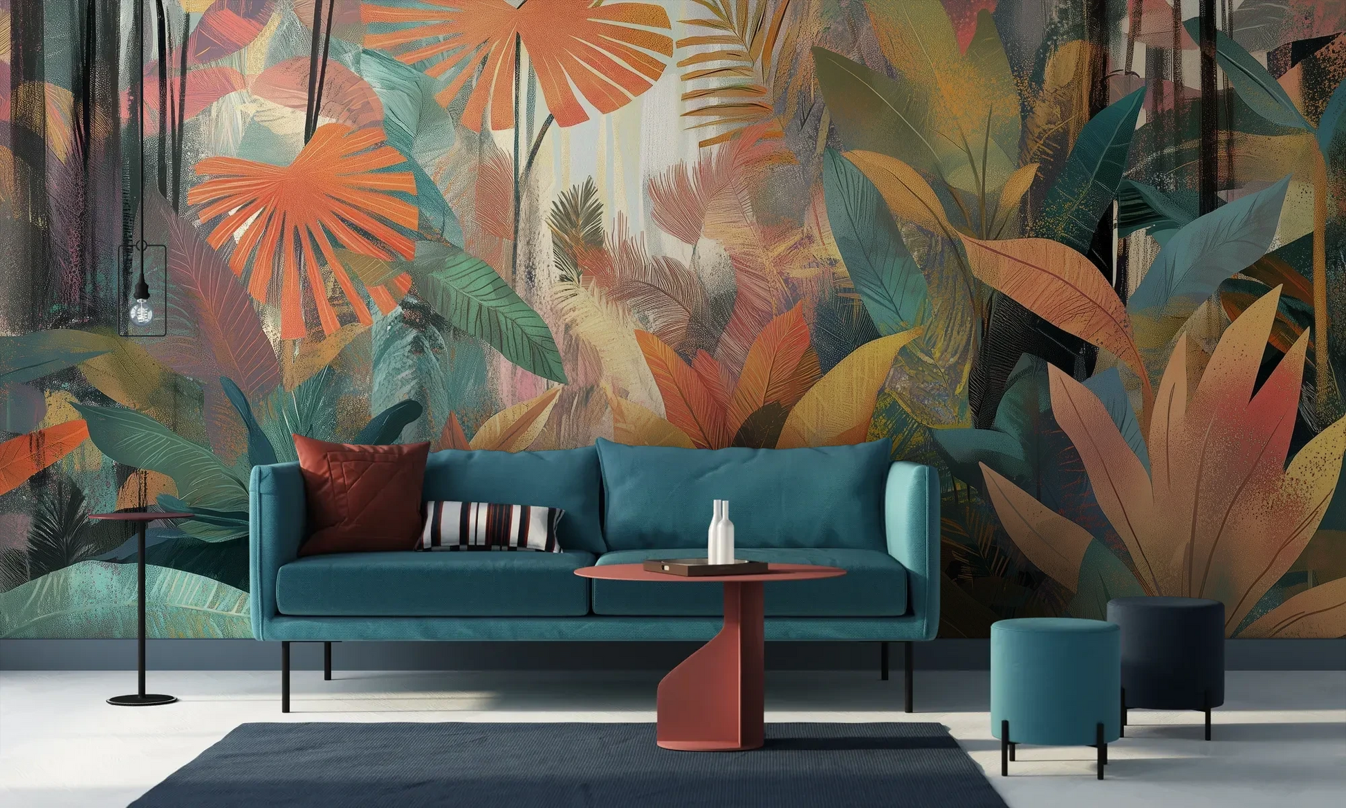 Wzór fototapety TROPICAL SUNBURST - tapeta z egzotycznymi liśćmi w ciepłych barwach pokazanej w aranżacji salonu.