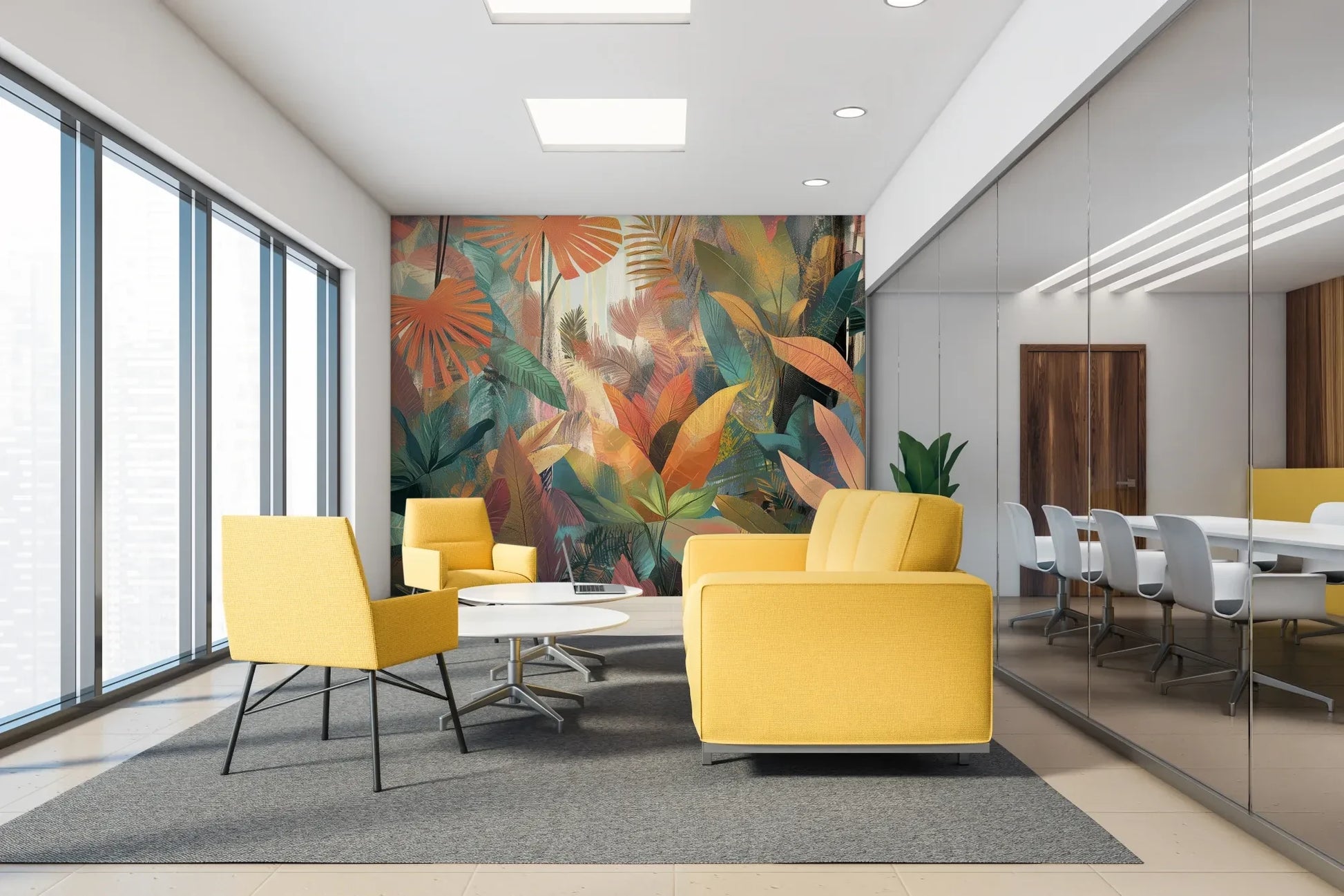 Fototapeta TROPICAL SUNBURST - tapeta z egzotycznymi liśćmi w ciepłych barwach w aranżacji wnętrza.