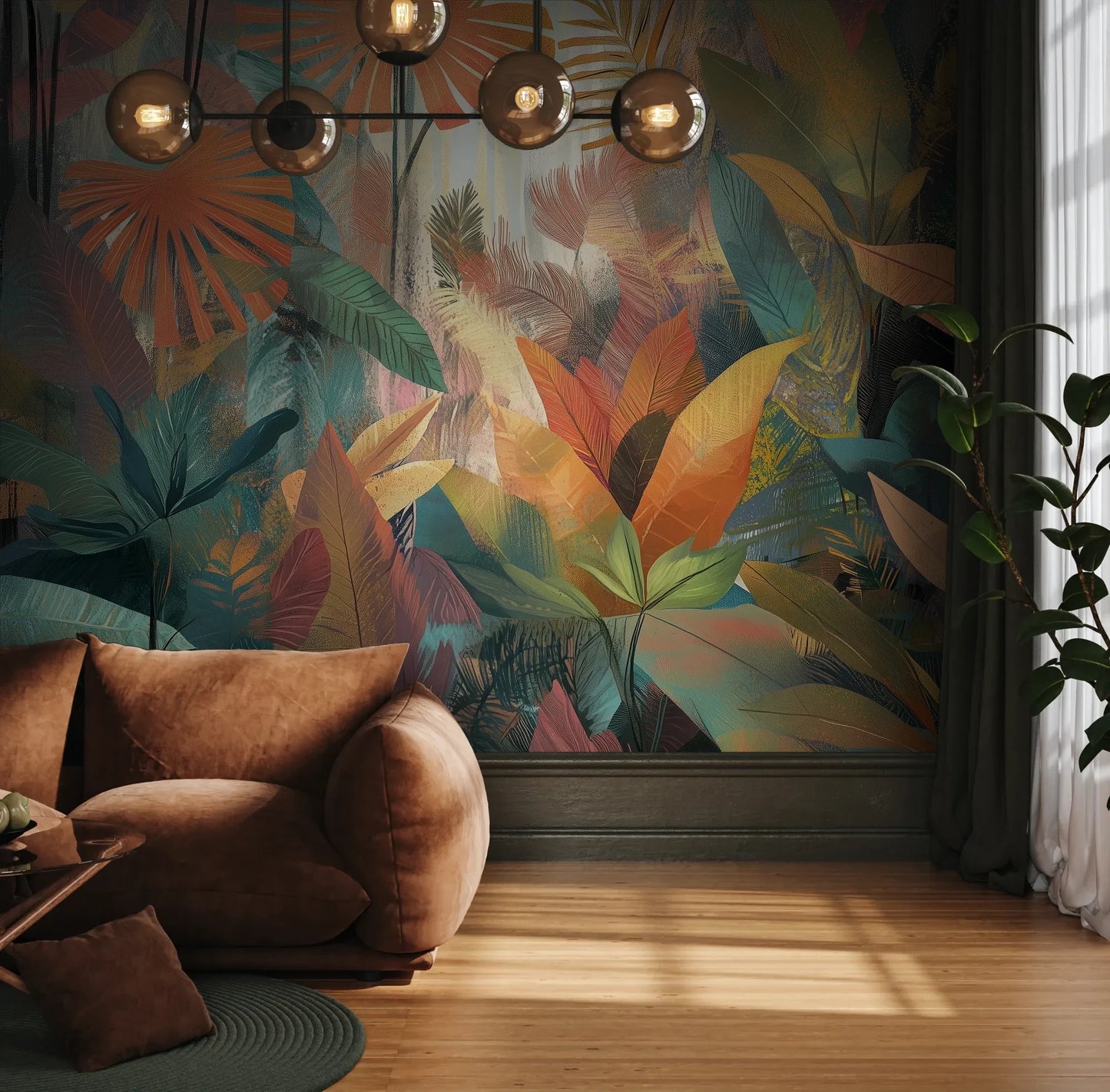 Fototapeta TROPICAL SUNBURST - tapeta z egzotycznymi liśćmi w ciepłych barwach pokazana w aranżacji wnętrza z akcentem na ścianie.