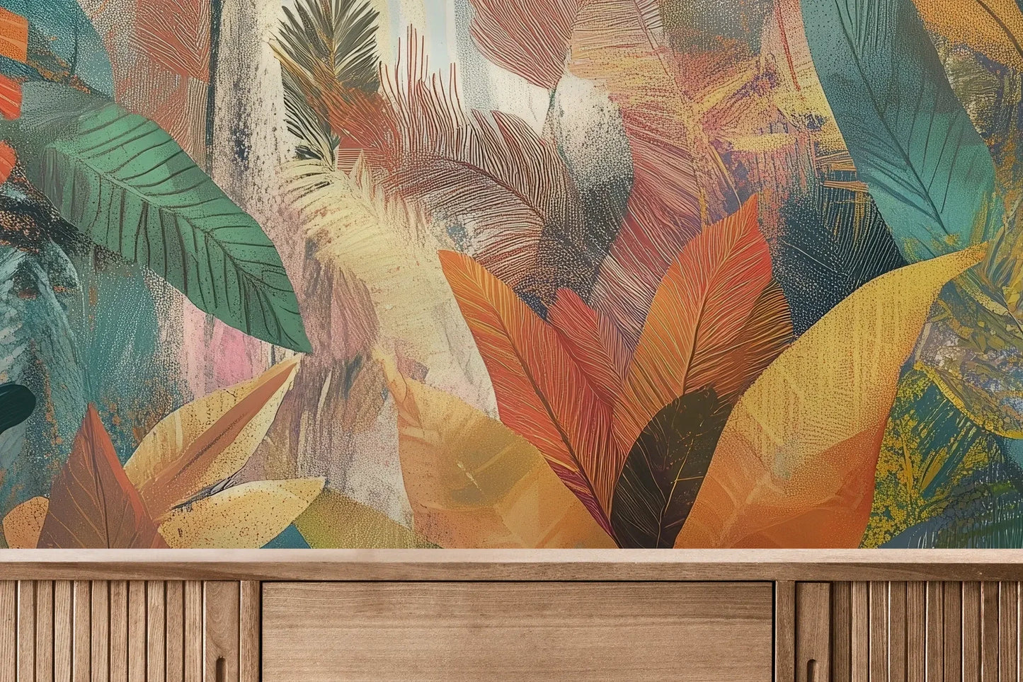 Fototapeta TROPICAL SUNBURST - tapeta z egzotycznymi liśćmi w ciepłych barwach pokazana w aranżacji wnętrza z akcentem na ścianie.