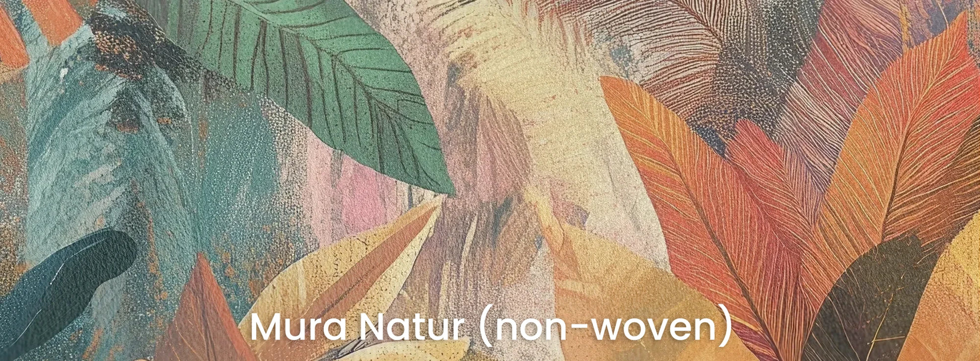 Zbliżenie na fototapetę TROPICAL SUNBURST - tapeta z egzotycznymi liśćmi w ciepłych barwach na naturalnym podłożu ekologicznym.