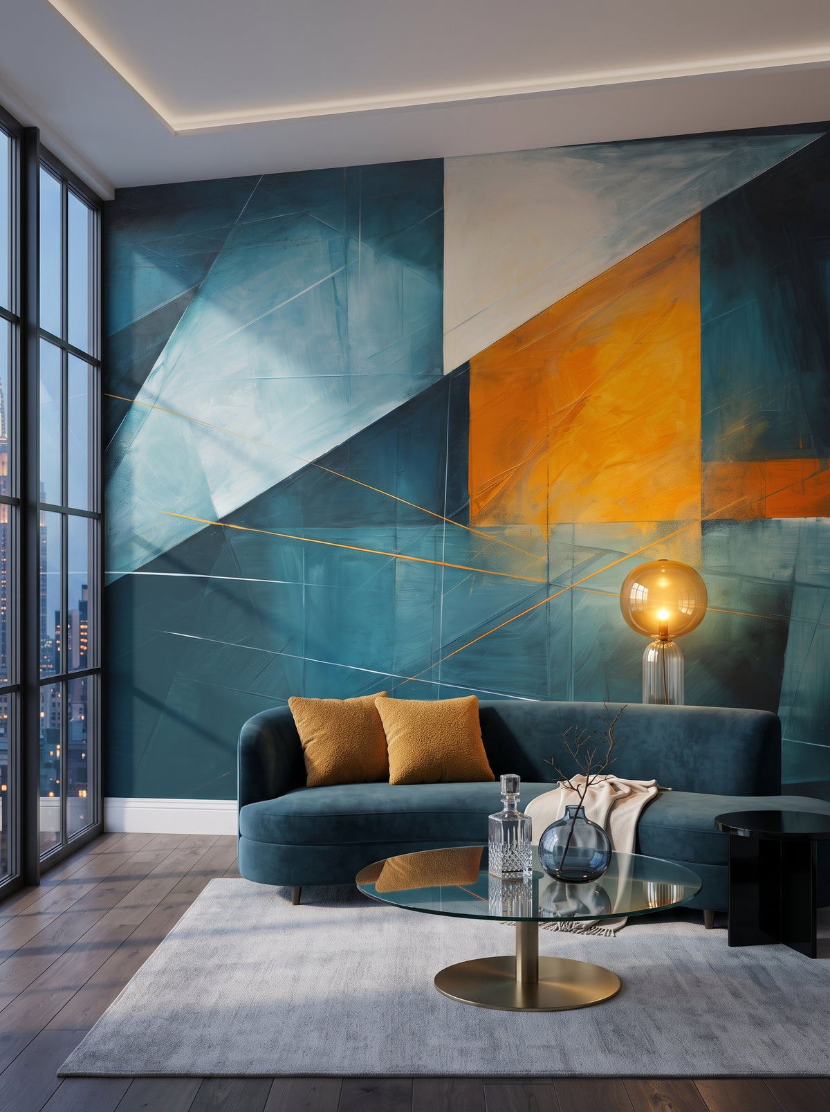 Künstlerische Fototapete „Golden Ratio“ im Interieur: Wohnzimmer in einem Penthouse auf Manhattan.