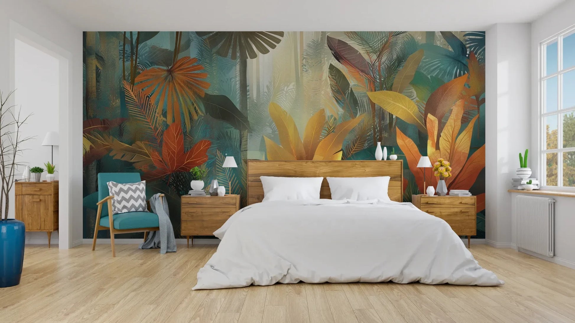 Wzór fototapety TROPICAL EMBER - tapeta z tropikalnymi liśćmi w ciepłych odcieniach pokazanej w aranżacji sypialni.