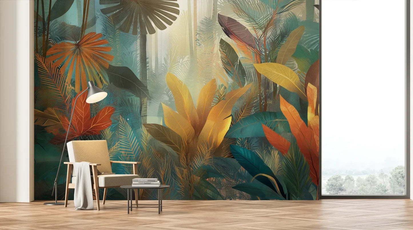 Wzór fototapety TROPICAL EMBER - tapeta z tropikalnymi liśćmi w ciepłych odcieniach pokazanej w aranżacji salonu.