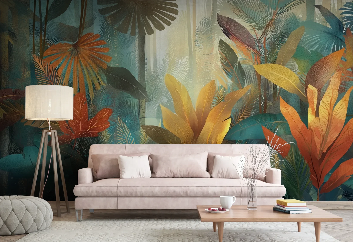 Wzór fototapety TROPICAL EMBER - tapeta z tropikalnymi liśćmi w ciepłych odcieniach pokazanej w aranżacji salonu.