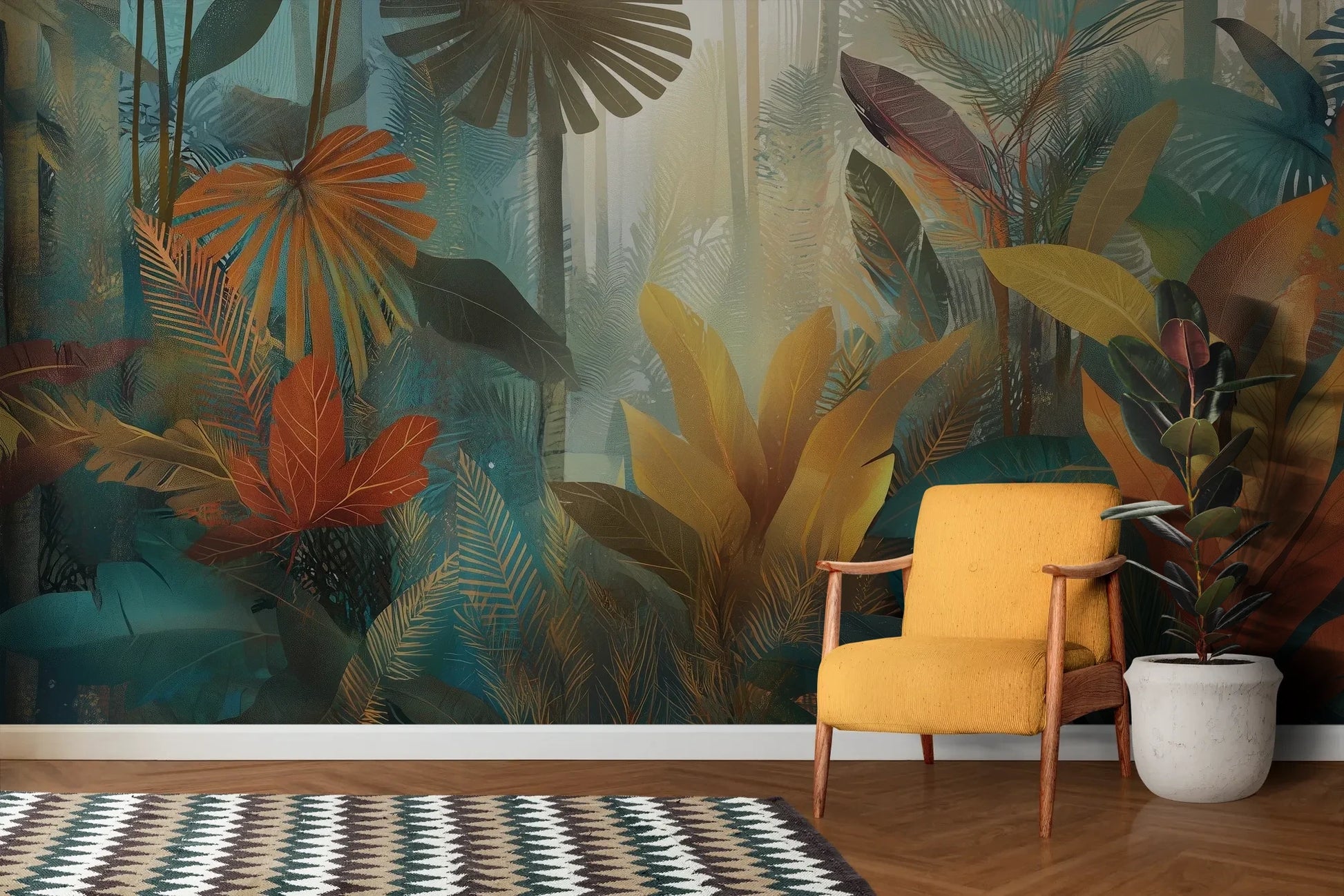 Wzór fototapety TROPICAL EMBER - tapeta z tropikalnymi liśćmi w ciepłych odcieniach pokazanej w aranżacji salonu.