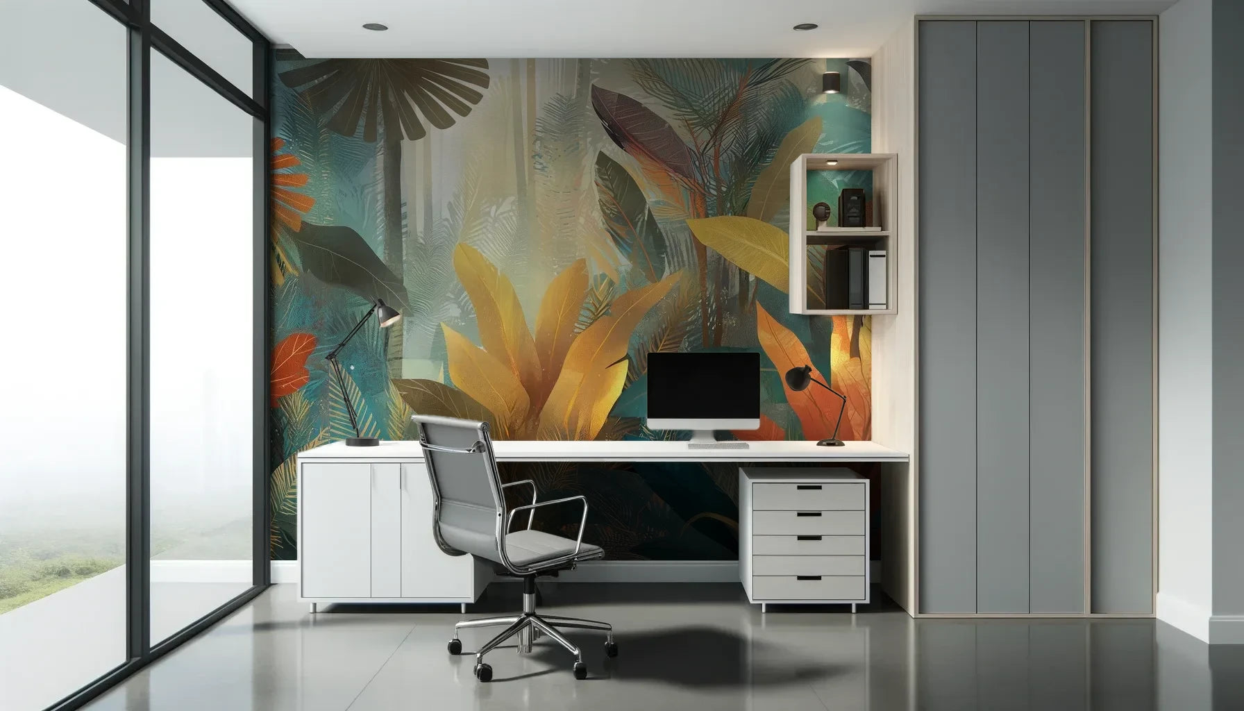 Fototapeta TROPICAL EMBER - tapeta z tropikalnymi liśćmi w ciepłych odcieniach pokazana w aranżacji biura.