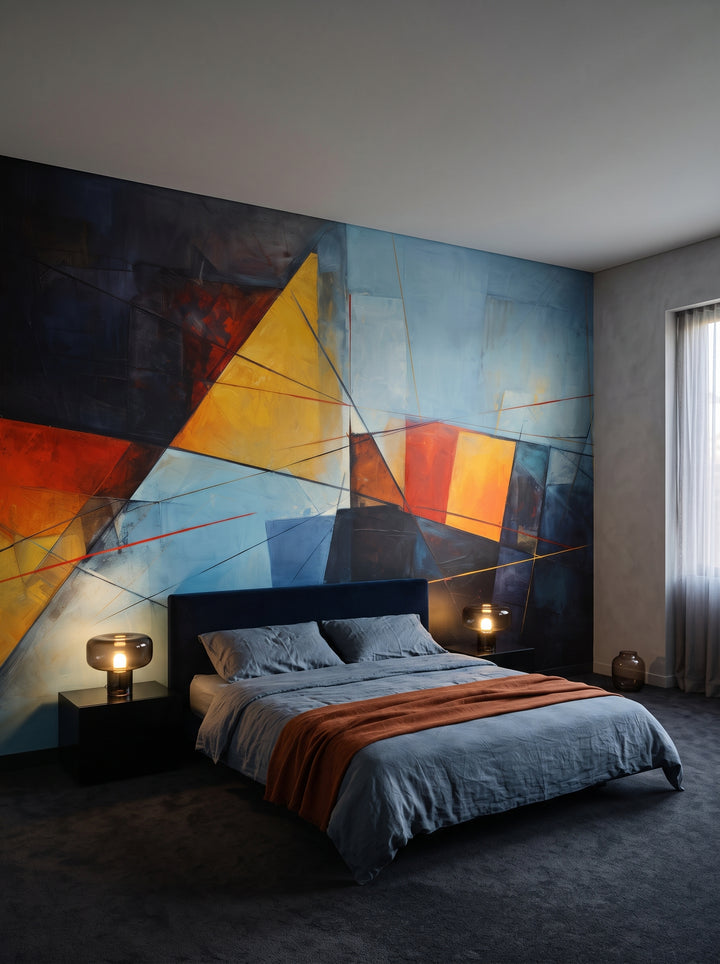 Fototapeta artystyczna o nazwie Chromatic Rise w aranżacji wnętrza: ciemna sypialnia w hotelu projektanckim.