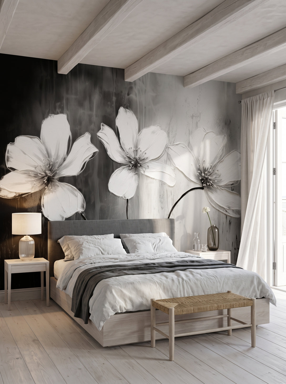 Fototapeta artystyczna o nazwie CHIAROSCURO BLOSSOMS w aranżacji wnętrza: sypialnia w nadmorskiej rezydencji.