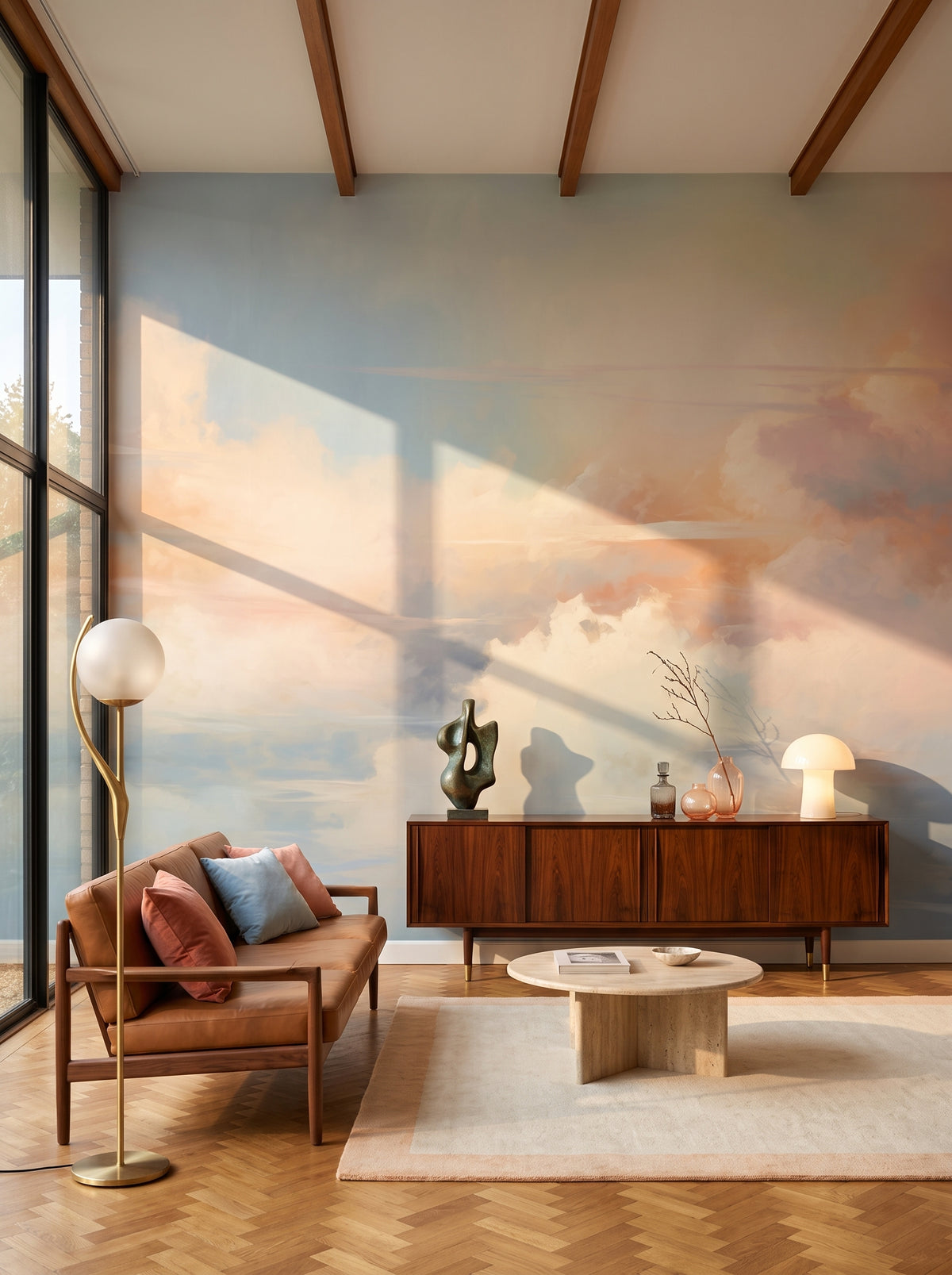 Fototapeta artystyczna o nazwie Celestial Dawn w aranżacji wnętrza: salon kolekcjonera w stylu mid-century modern.