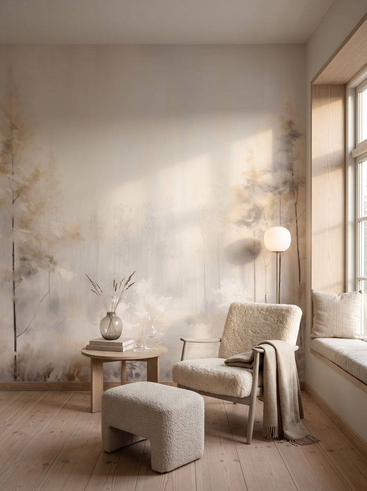Fototapeta artystyczna o nazwie MISTY MORNING MEADOW MURAL w aranżacji wnętrza: kącik do czytania w skandynawskiej willi.