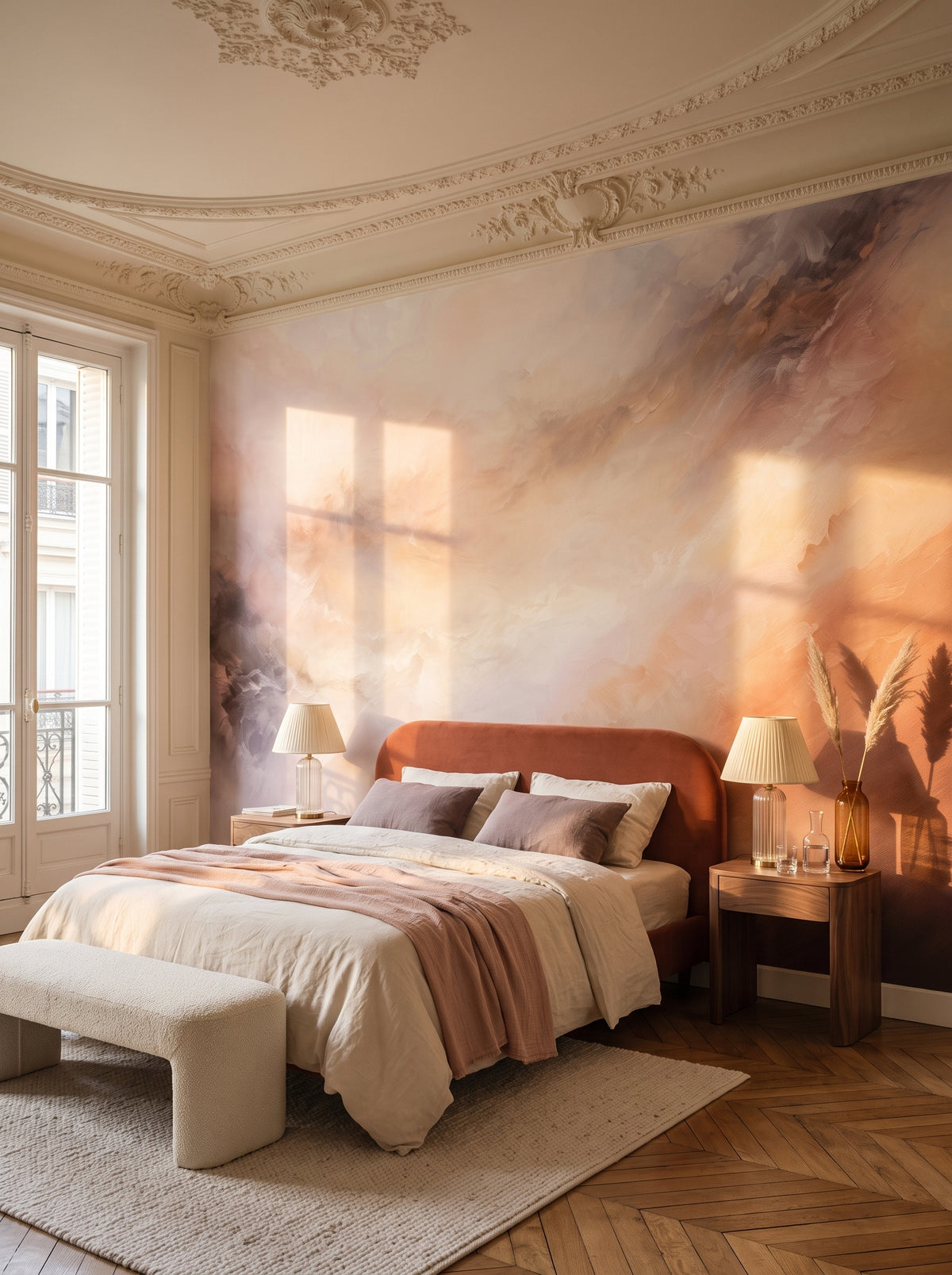 Fototapeta artystyczna o nazwie AMBER SUNSET SWIRLS w aranżacji wnętrza: sypialnia w paryskim apartamencie.