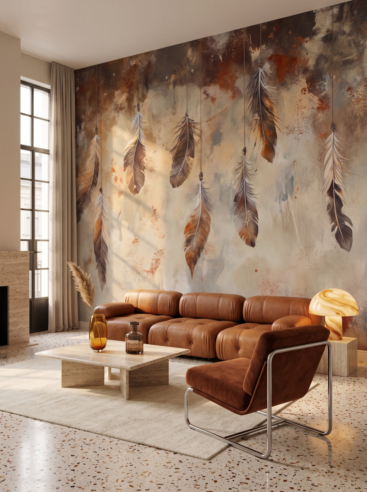 Fototapeta artystyczna o nazwie Terra Harmony w aranżacji wnętrza: salon w mediolańskim apartamencie z lat 70..