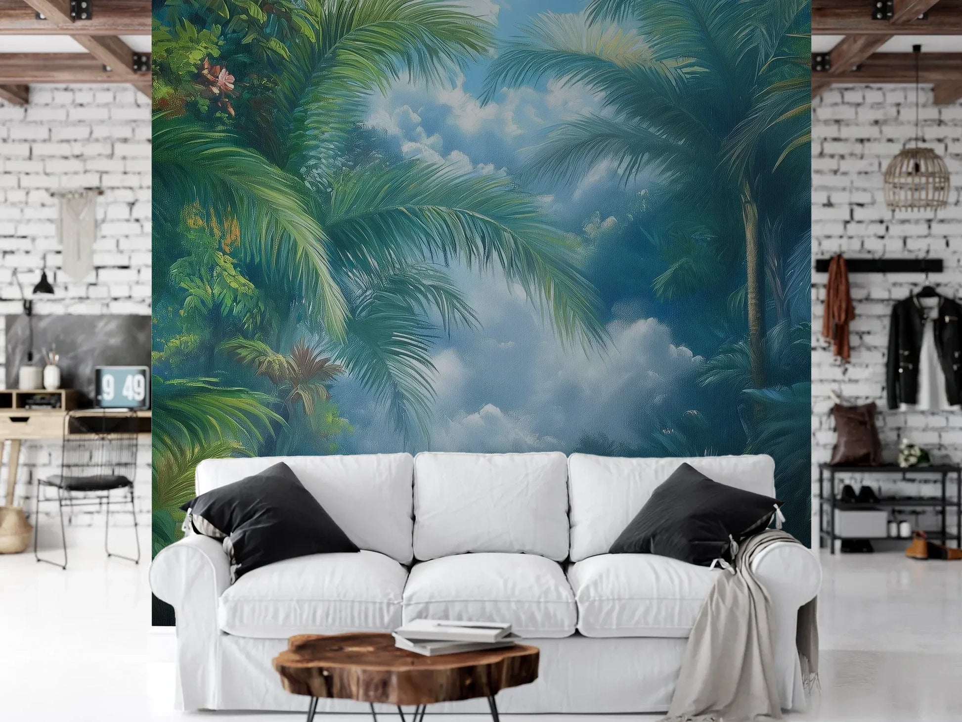Wzór fototapety EMERALD PARADISE - tapeta z tropikalną dżunglą w mistycznej poświacie pokazanej w aranżacji salonu.