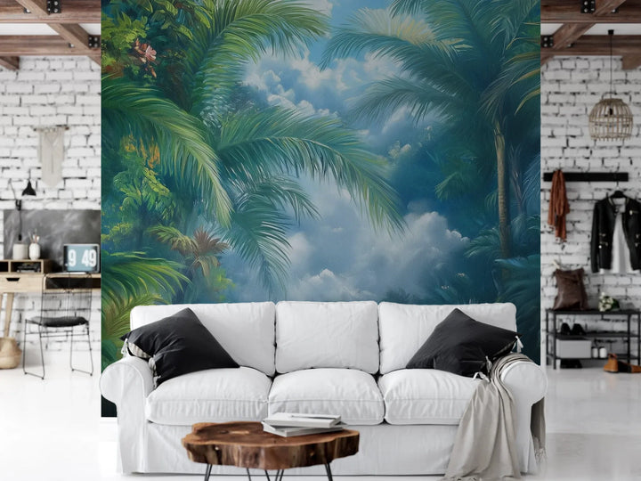 Wzór fototapety EMERALD PARADISE - tapeta z tropikalną dżunglą w mistycznej poświacie pokazanej w aranżacji salonu.