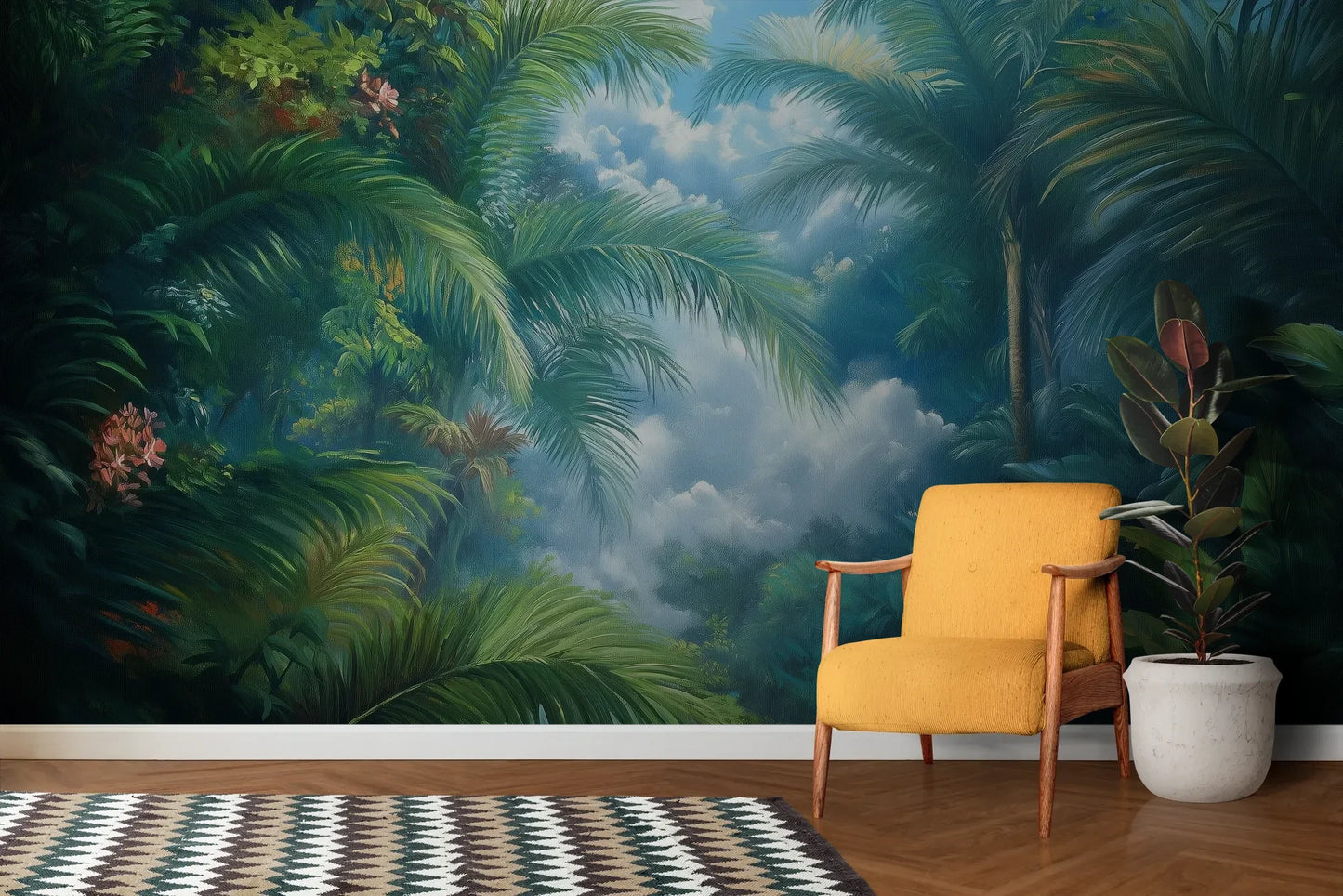 Wzór fototapety EMERALD PARADISE - tapeta z tropikalną dżunglą w mistycznej poświacie pokazanej w aranżacji salonu.