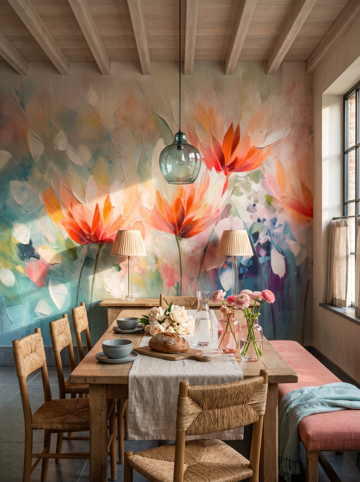 Papier peint panoramique artistique « Vibrant Floral Symphony » dans un intérieur : cuisine avec coin repas dans une maison de campagne belge.