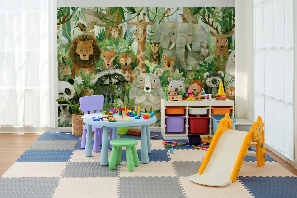 GREEN PARADE - tapeta ze zwierzętami wśród paproci — KIDS ROOM - PLAY ROOM