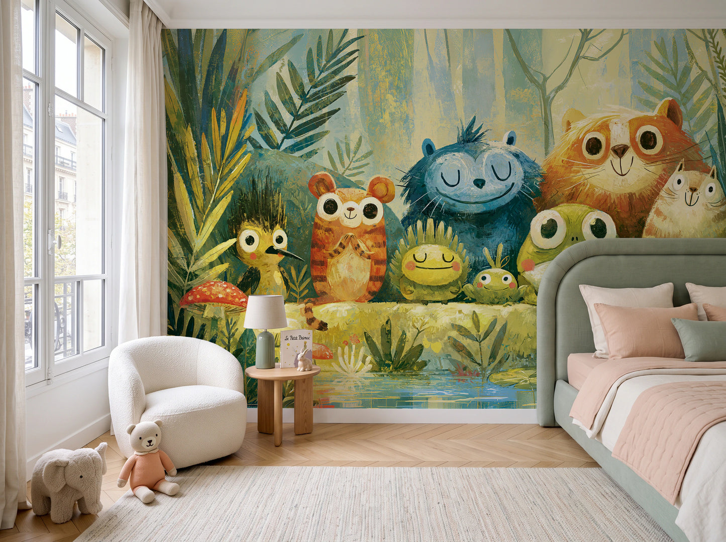 POND PARADE - tapeta z leśnymi zwierzętami nad stawem — children's room with window