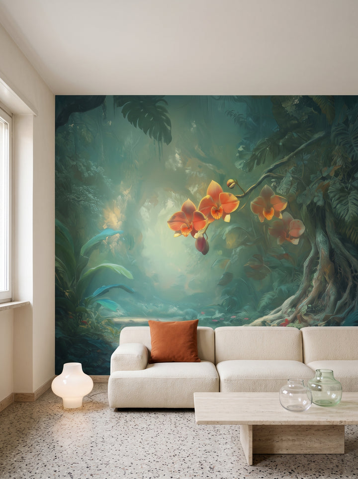 Fototapeta artystyczna o nazwie ENCHANTED ORCHIDS w aranżacji wnętrza: salon w mediolańskim modernizmie lat 70..
