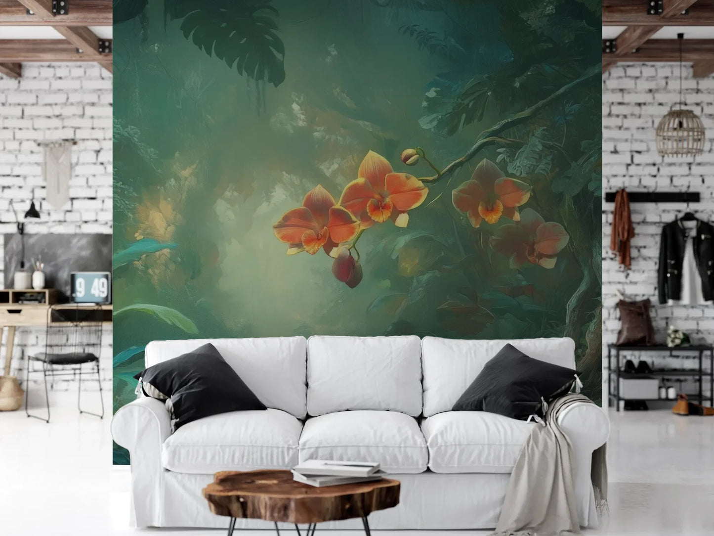 Wzór fototapety ENCHANTED ORCHIDS - tapeta z magicznym ogrodem w mistycznej poświacie pokazanej w aranżacji salonu.