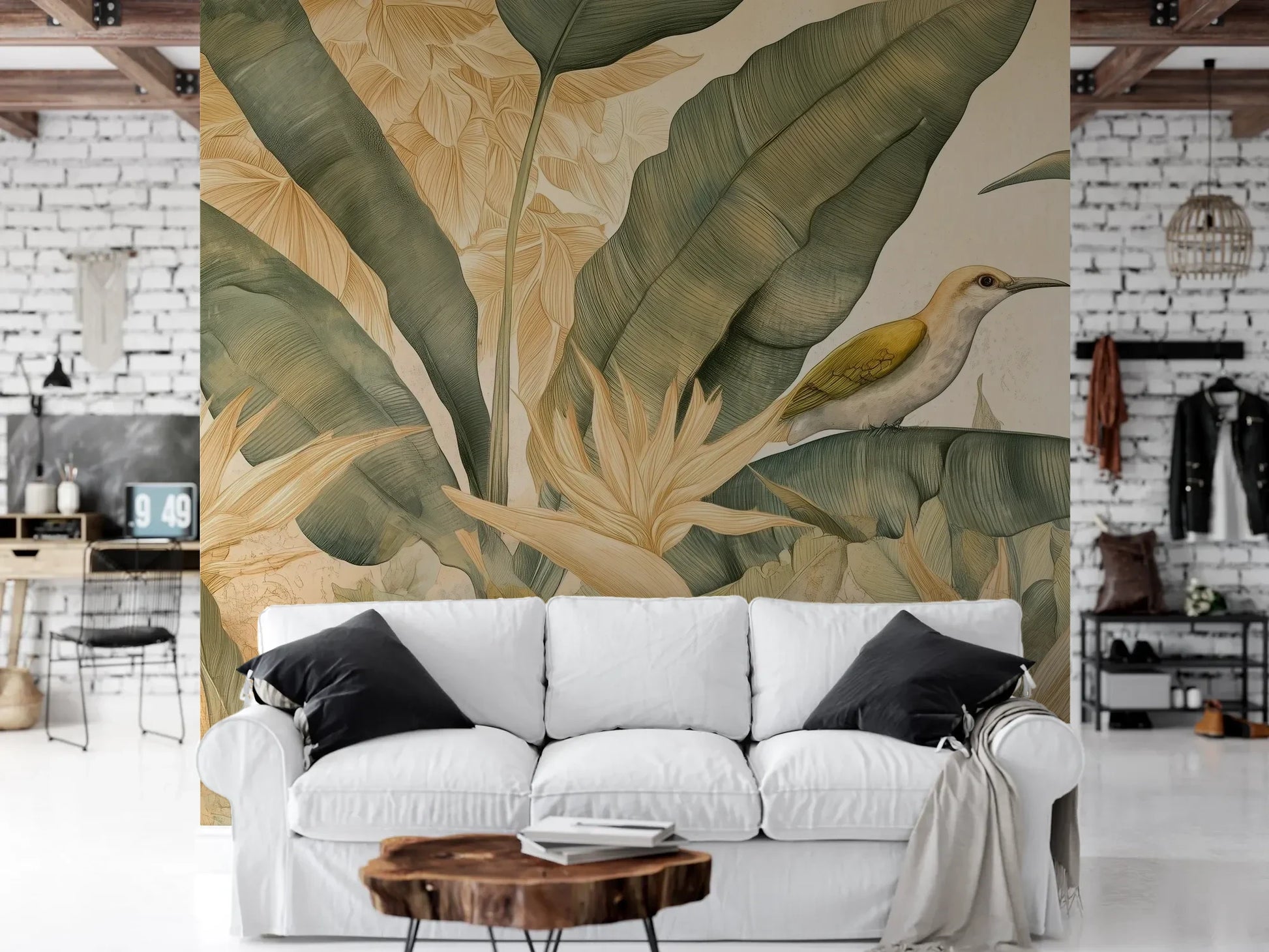 Wzór fototapety HUMMINGBIRD LEGACY - tapeta z tropikalną sceną w stylu vintage pokazanej w aranżacji salonu.