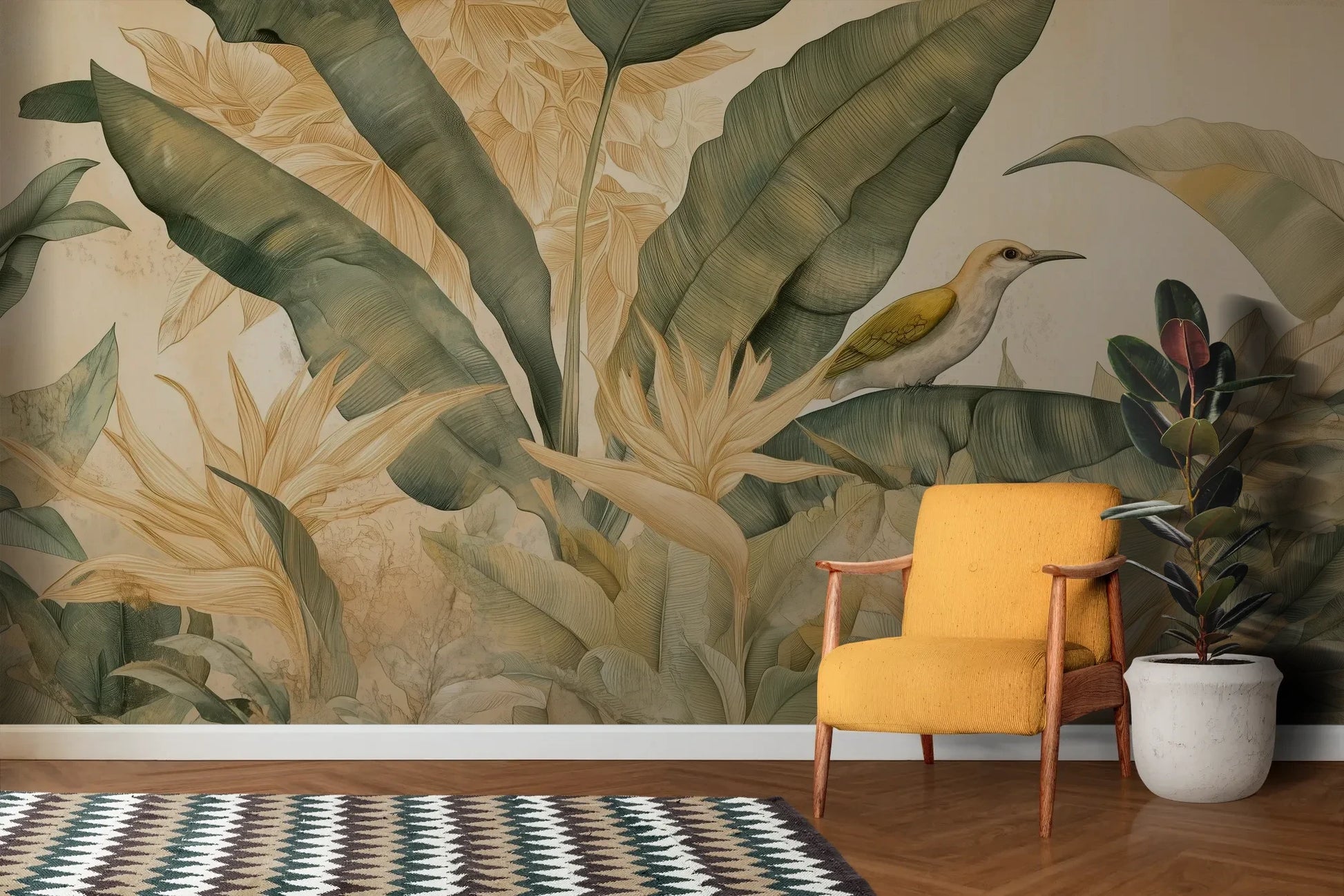 Wzór fototapety HUMMINGBIRD LEGACY - tapeta z tropikalną sceną w stylu vintage pokazanej w aranżacji salonu.