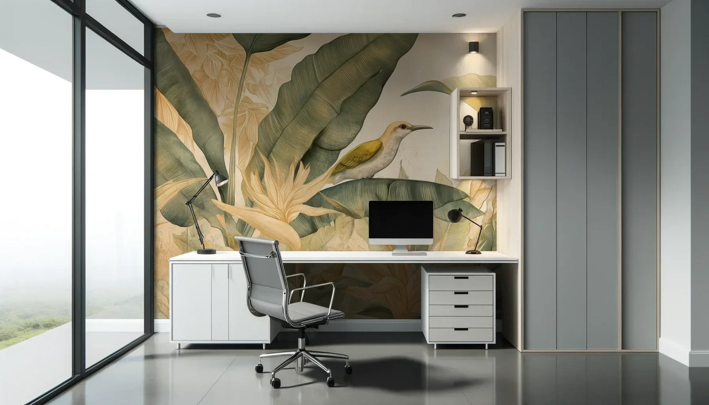 Fototapeta HUMMINGBIRD LEGACY - tapeta z tropikalną sceną w stylu vintage pokazana w aranżacji biura.