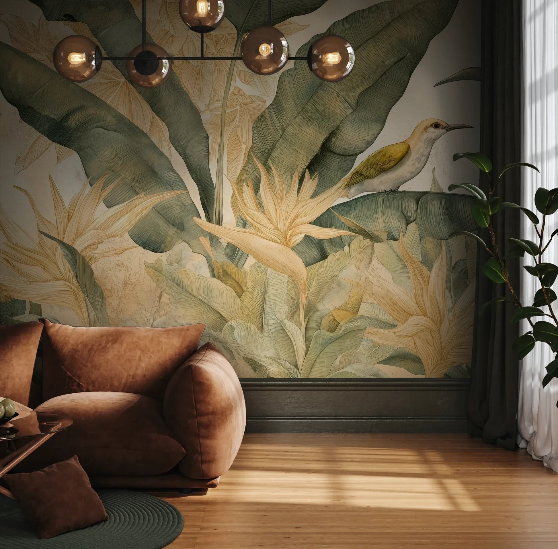 Fototapeta HUMMINGBIRD LEGACY - tapeta z tropikalną sceną w stylu vintage pokazana w aranżacji wnętrza z akcentem na ścianie.