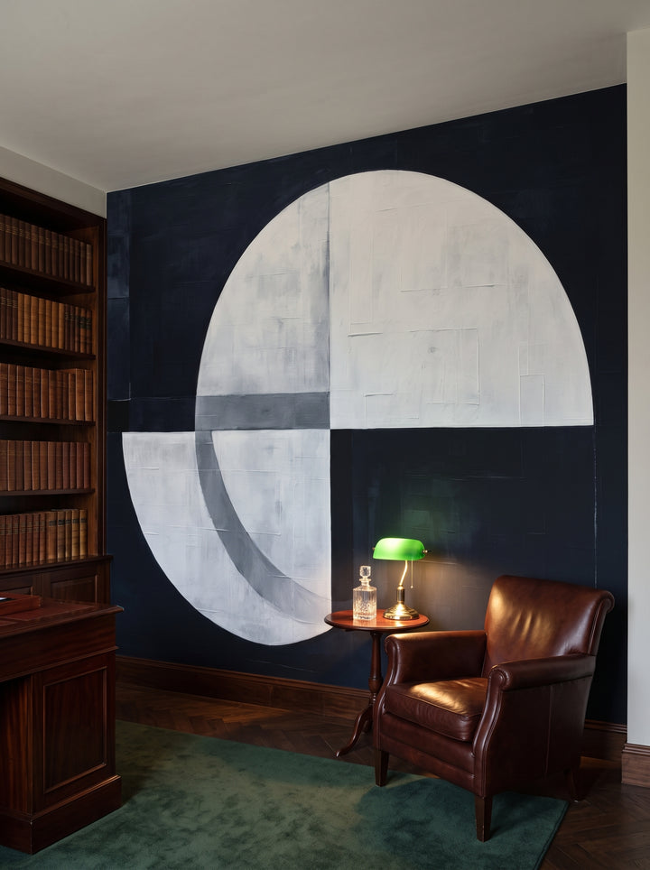 Fototapeta artystyczna o nazwie Lunar Contrast w aranżacji wnętrza: prywatna biblioteka w angielskim stylu klubowym.