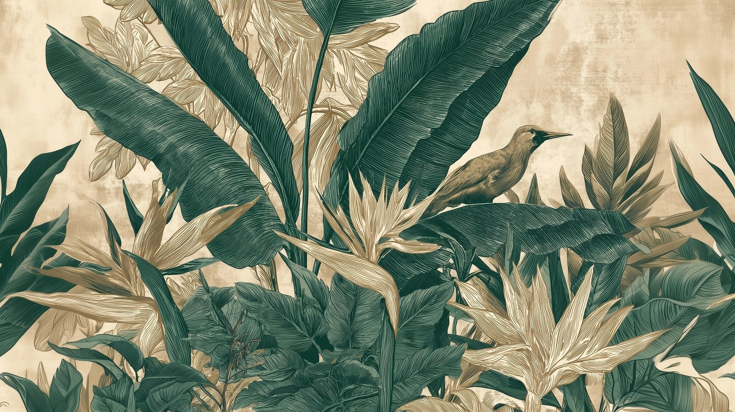 Pattern preview: Prezentacja całego wzoru fototapety o nazwie VERDANT POETRY - tapeta z tropikalną kompozycją w stonowanych zieleniach