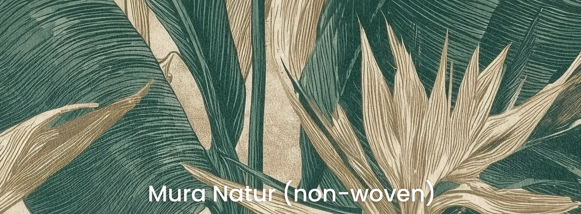 Zbliżenie na fototapetę VERDANT POETRY - tapeta z tropikalną kompozycją w stonowanych zieleniach na naturalnym podłożu ekologicznym.