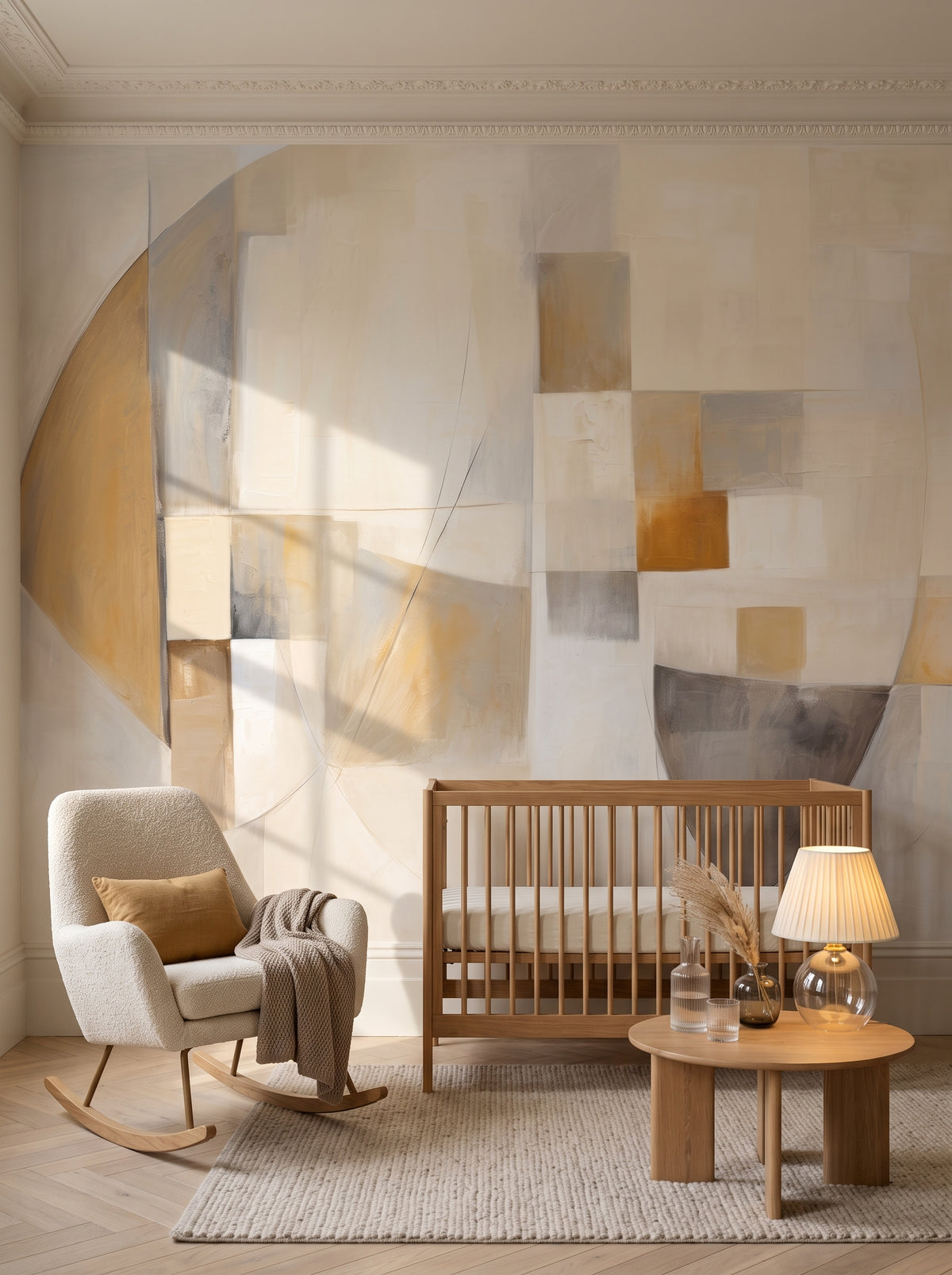 Fototapeta artystyczna o nazwie Beige Harmony w aranżacji wnętrza: elegancki pokój dziecięcy w kamienicy.