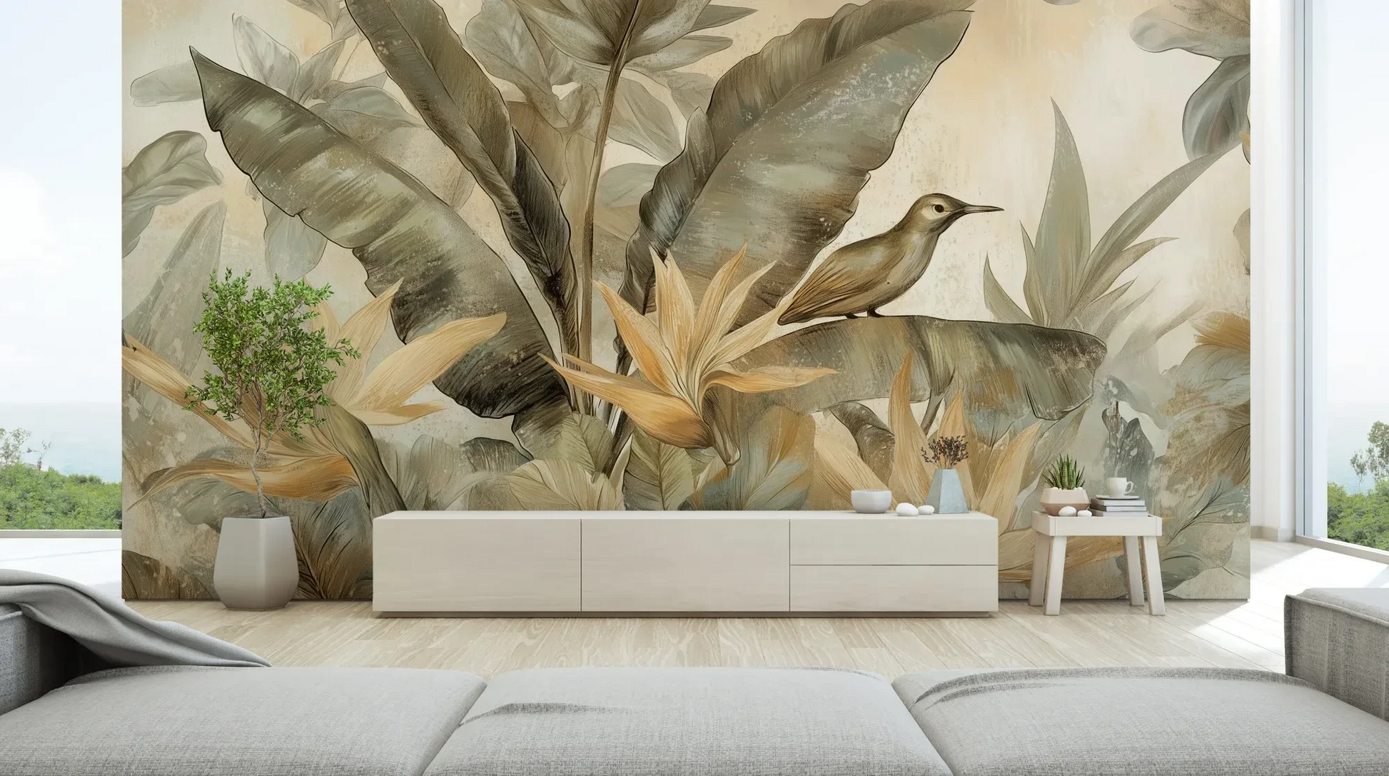 Wzór fototapety HUMMINGBIRD LOTUS - tapeta z rajskimi kwiatami i liśćmi w ciepłych tonacjach pokazanej w aranżacji salonu.