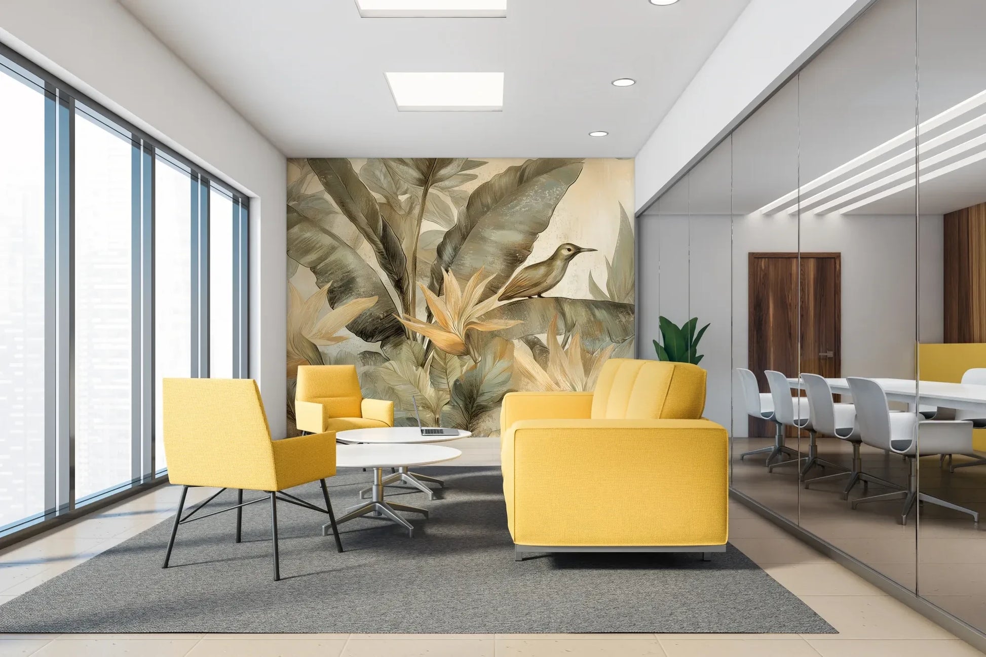 Fototapeta HUMMINGBIRD LOTUS - tapeta z rajskimi kwiatami i liśćmi w ciepłych tonacjach w aranżacji wnętrza.