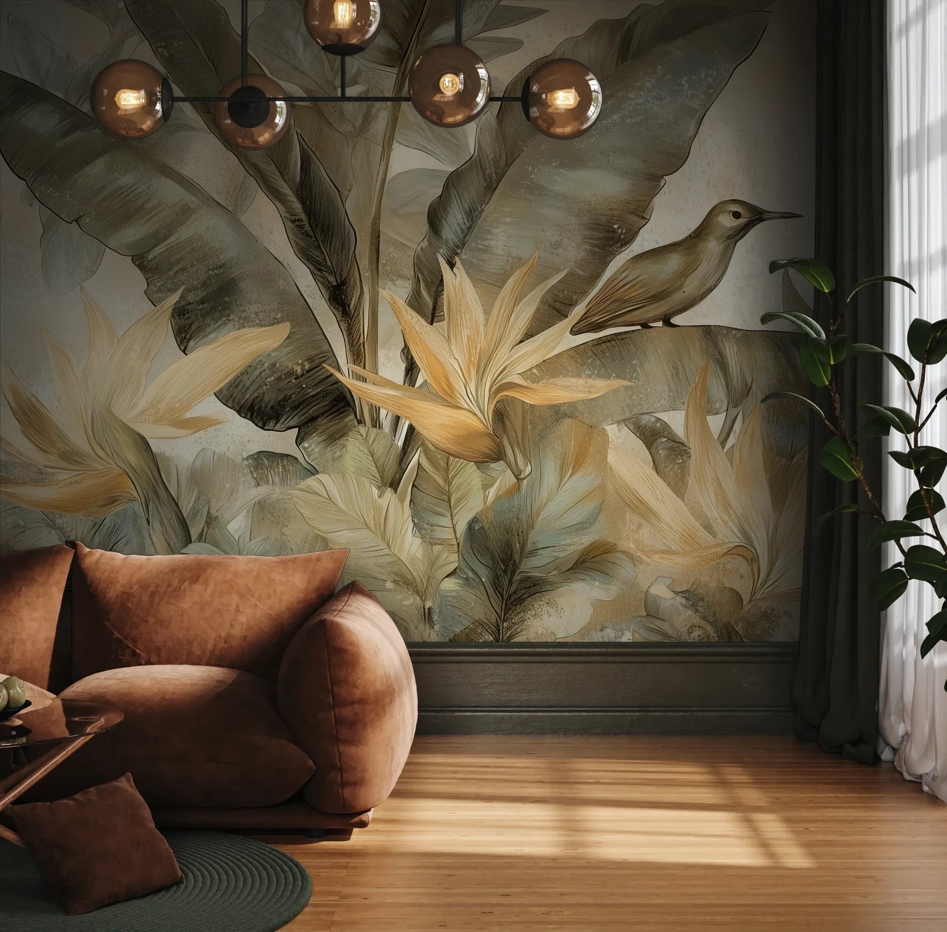 Fototapeta HUMMINGBIRD LOTUS - tapeta z rajskimi kwiatami i liśćmi w ciepłych tonacjach pokazana w aranżacji wnętrza z akcentem na ścianie.