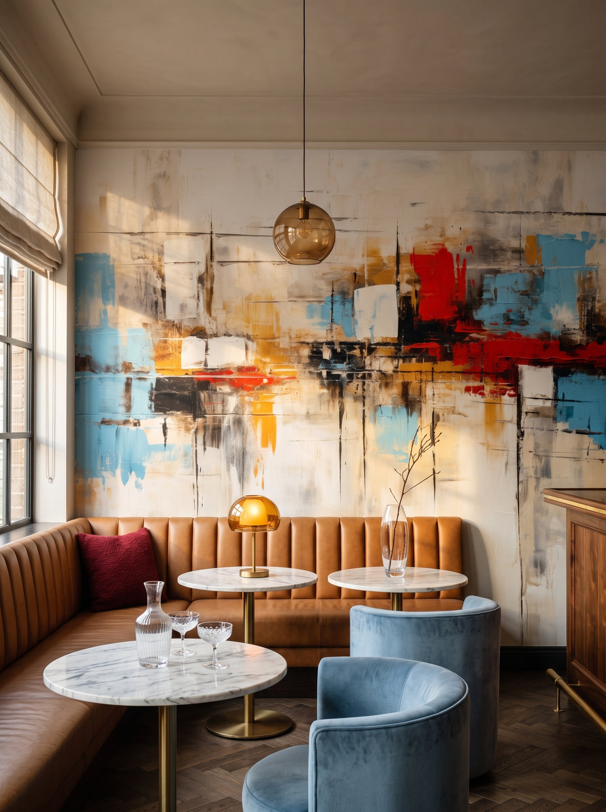 Fototapeta artystyczna o nazwie Urban Canvas #3 w aranżacji wnętrza: bar-lounge w butikowym hotelu.