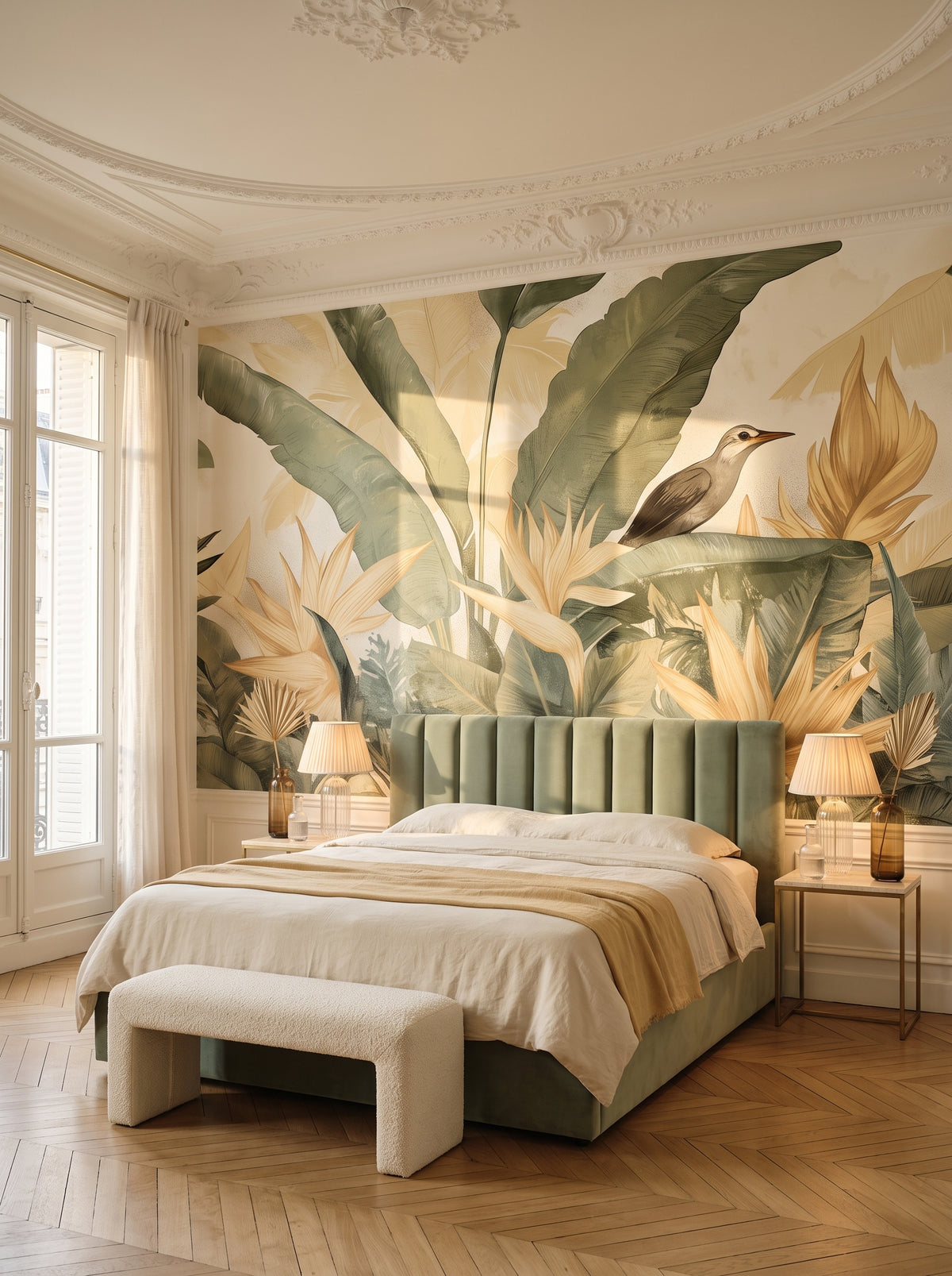 Fototapeta artystyczna o nazwie NOBLE BIRD w aranżacji wnętrza: sypialnia w paryskim apartamencie.