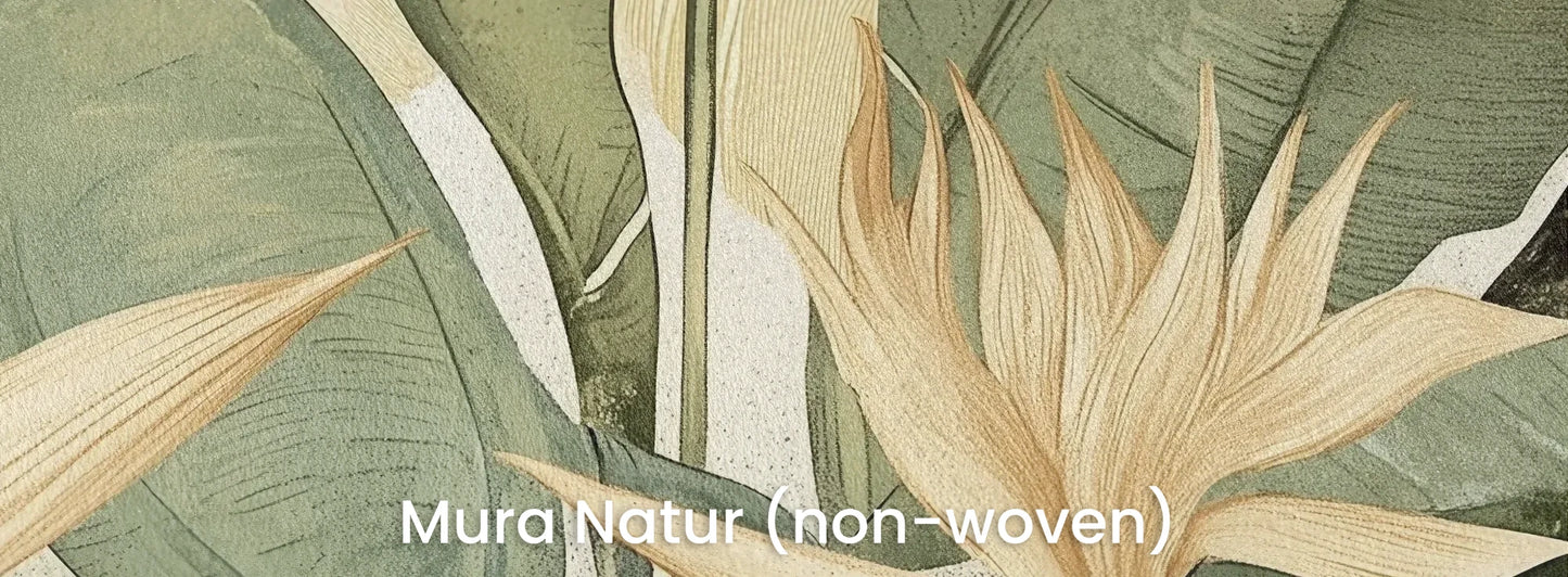 Zbliżenie na fototapetę NOBLE BIRD - tapeta z tropikalnym ptakiem wśród złotych liści na naturalnym podłożu ekologicznym.