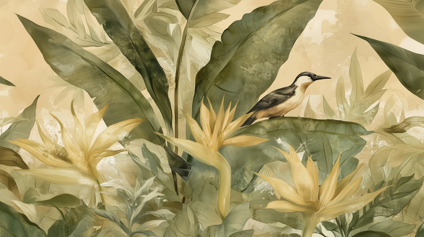 Prezentacja całego wzoru fototapety o nazwie BIRD SANCTUARY - tapeta z rajskim ptakiem wśród tropikalnych kwiatów